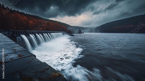 2410 116.A powerful image of the Brno dam reservoir, with gates open to release water during a flood risk. The rushing water creates waves and mist as it cascades over the edge, with dark clouds