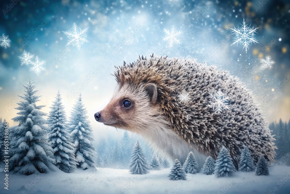 Obraz premium Winter Wonderland Hedgehog Double Exposure - Cozy Hedgehog Surrounded by Snowy Landscapes, Winter Trees, and Sparkling Snowflakes in a Magical Scene of Nature's Beauty