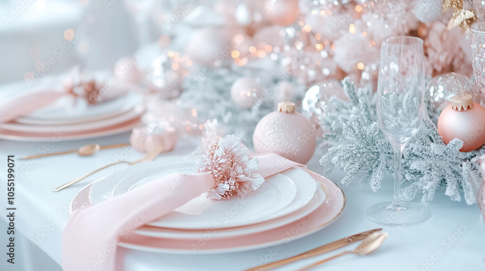 The elegant table has pink accents and sparkling decor, setting a festive mood for gatherings The elegant table has pink accents and sparkling decor, setting a festive mood for gatherings