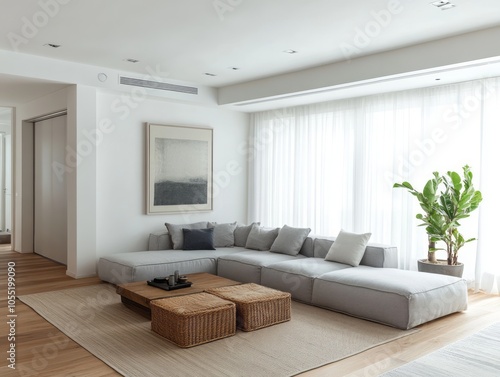 Family room with white walls, a simple low-profile gray couch, and clean-lined furniture for an uncluttered feel photo