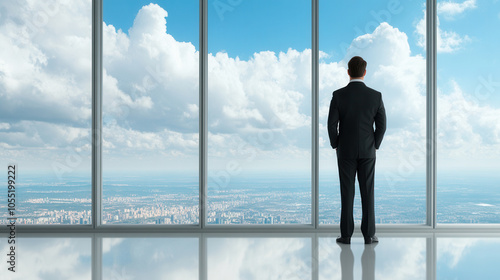 businessman standing confidently in front of large windows, gazing at panoramic city view under bright sky filled with clouds