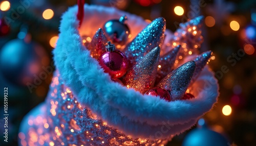 A close-up of a futuristic Christmas stocking, crafted from sleek, metallic materials and illuminated by glowing, holographic patterns