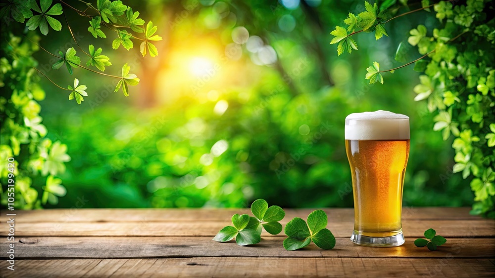 Glass of beer on a wooden table surrounded by green leaves, perfect for St. Patrick's Day celebration , St. Patrick's Day, Irish Glass of beer on a wooden table surrounded by green leaves, perfect for St. Patrick's Day celebration , St. Patrick's Day, Irish