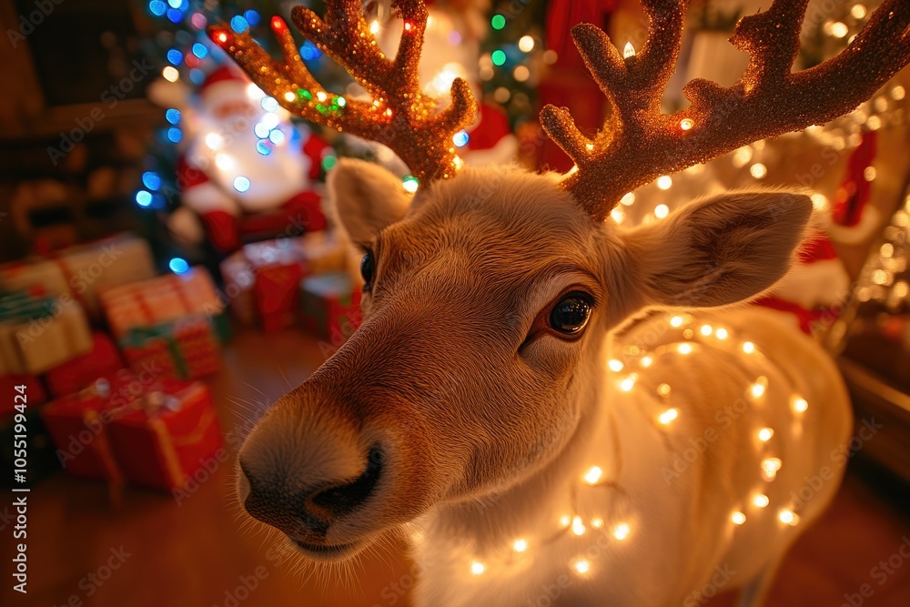 Reindeer Close-Up with a Sleigh Full of Presents Reindeer Close-Up with a Sleigh Full of Presents