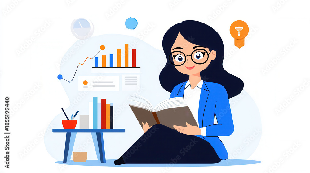 Businesswoman reading book while analyzing data and goals, surrounded by charts and graphs, reflecting on her progress and future plans Businesswoman reading book while analyzing data and goals, surrounded by charts and graphs, reflecting on her progress and future plans
