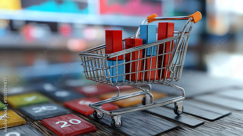Shopping cart with trend graph, consumer cost, 3D illustration Shopping cart with trend graph, consumer cost, 3D illustration