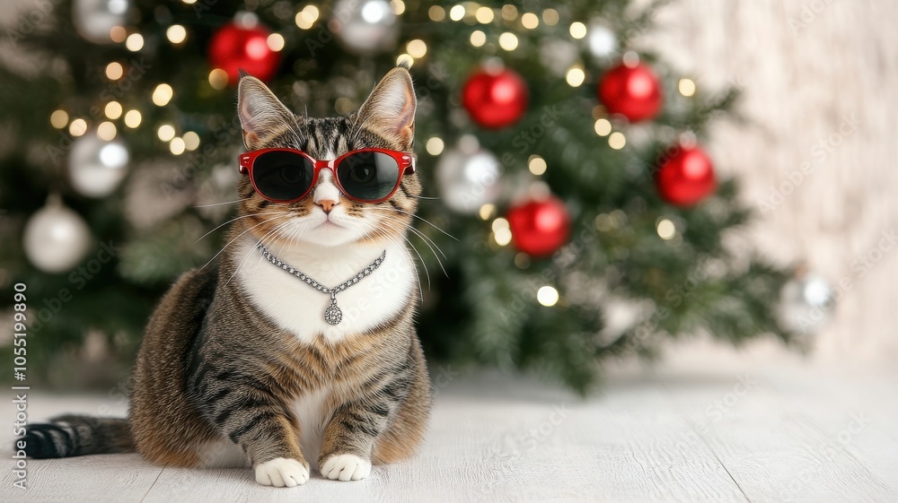 A stylish cat wearing sunglasses poses festively in front of a decorated Christmas tree filled with ornaments. A stylish cat wearing sunglasses poses festively in front of a decorated Christmas tree filled with ornaments.