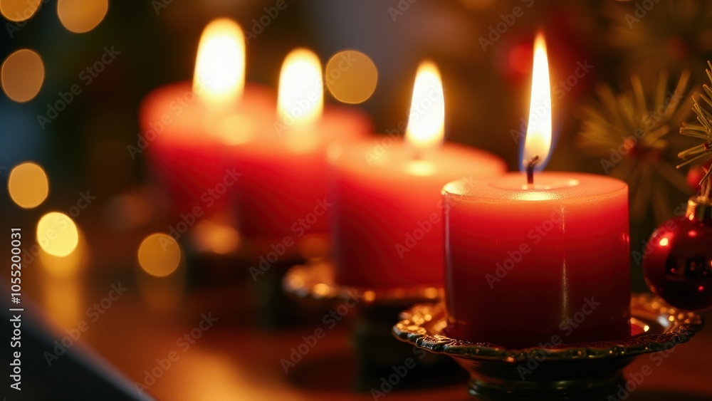 A row of red candles on golden holders softly flickers, casting a warm glow. The blurred lights in the background create a cozy ambiance. A row of red candles on golden holders softly flickers, casting a warm glow. The blurred lights in the background create a cozy ambiance.