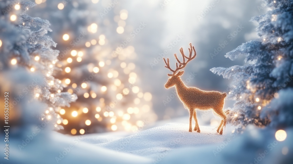 Winter Scene Featuring Reindeer and Snow-Covered Trees Illuminated Winter Scene Featuring Reindeer and Snow-Covered Trees Illuminated