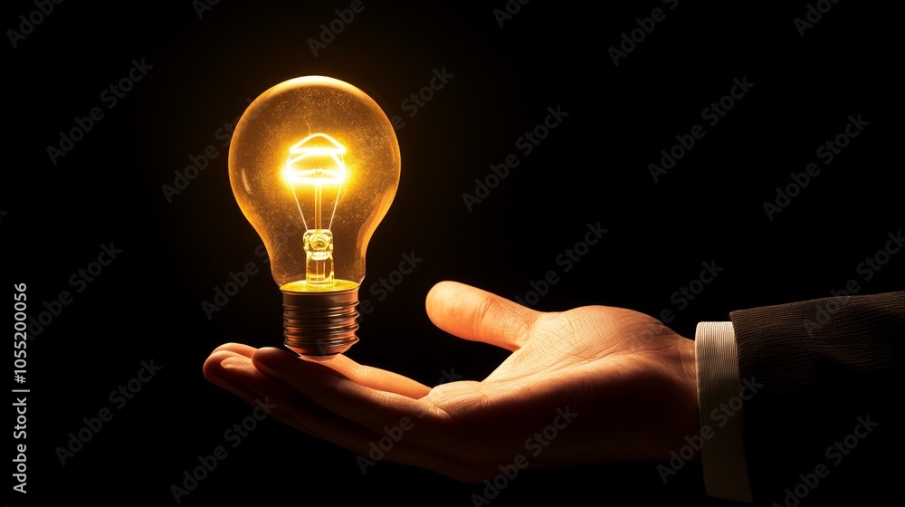 A hand holds a glowing light bulb against a black background. A hand holds a glowing light bulb against a black background.