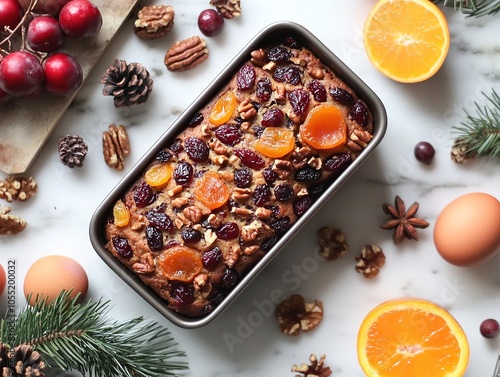 Traditional Fruitcake with Pecans and Dried Fruits.