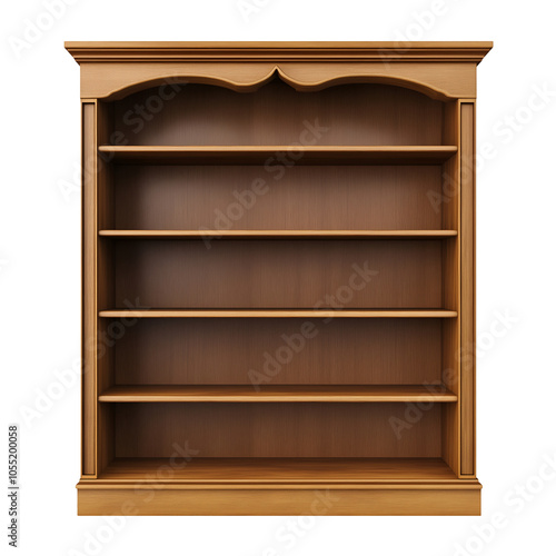 Wooden bookshelf with multiple shelves isolated on transparent background, PNG