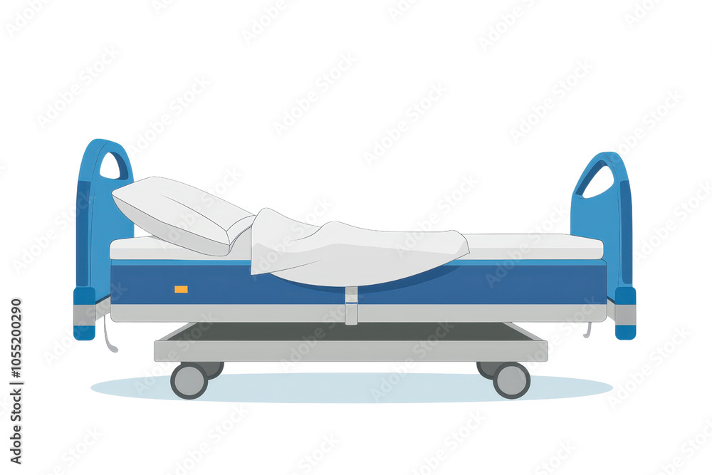 Illustration of an empty hospital bed with blue frame and white sheets, symbolizing healthcare and medical facilities preparedness. Illustration of an empty hospital bed with blue frame and white sheets, symbolizing healthcare and medical facilities preparedness.