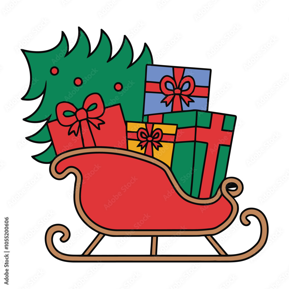 Red Sleigh Filled with Gifts and Decorated Tree Illustration Red Sleigh Filled with Gifts and Decorated Tree Illustration