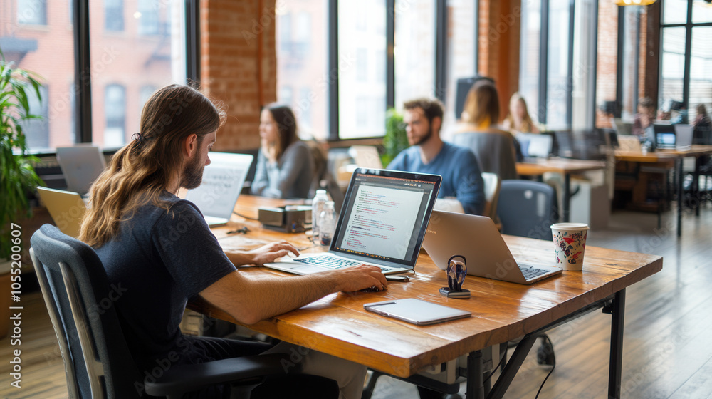 group of entrepreneurs collaborating in modern office space, focused on their laptops and discussing ideas. atmosphere is creative and productive group of entrepreneurs collaborating in modern office space, focused on their laptops and discussing ideas. atmosphere is creative and productive