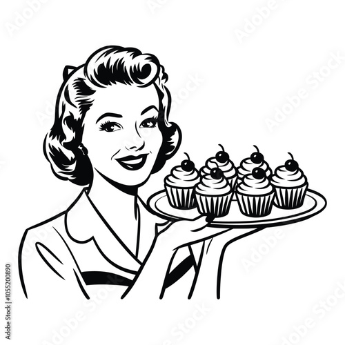 Retro Woman Holding Cupcakes Illustration