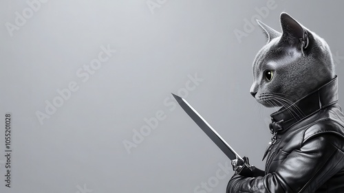 A fierce cat stands dressed in dark armor, wielding a sword, exuding an aura of bravery and adventure against a pale background. photo