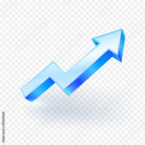 3D Blue Transparent Glass Arrow Icon Represents Growth, Isolated On Transparent Background. Realistic vector illustration.