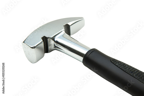 Close-up of a shiny, metallic hammer with a black handle isolated on a transparent background. perfect for construction and DIY projects. photo