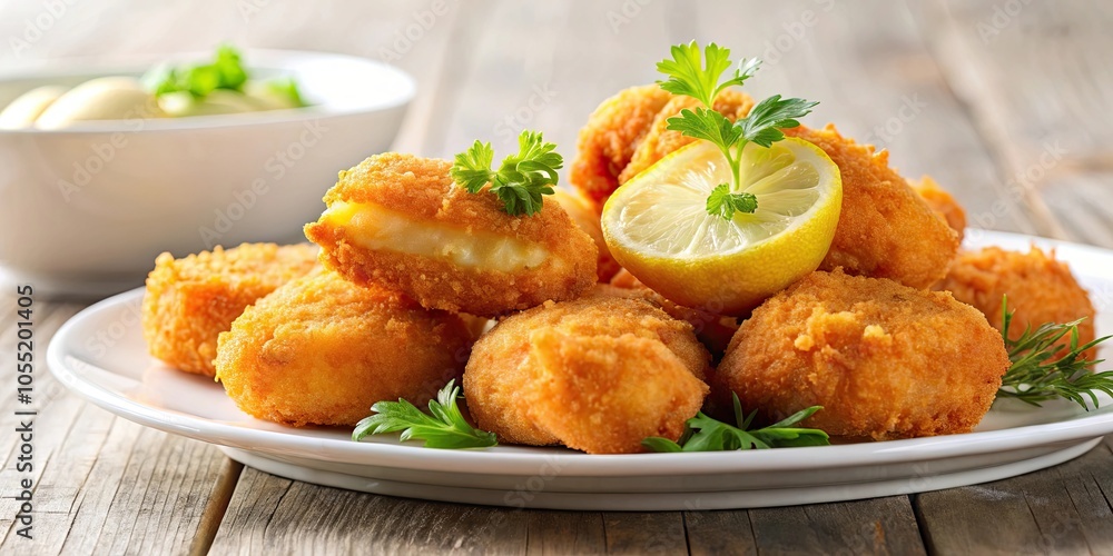 Close-up shot of crispy fish fritters served on a white plate , seafood, fried, appetizer, delicious, snack, homemade, golden brown Close-up shot of crispy fish fritters served on a white plate , seafood, fried, appetizer, delicious, snack, homemade, golden brown