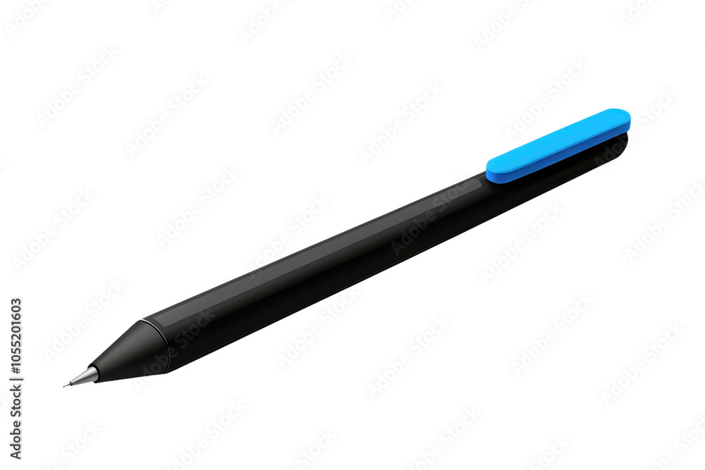 A sleek black pen with a blue cap isolated on a transparent background. perfect for writing, drawing, or office use, conveying simplicity and functionality. A sleek black pen with a blue cap isolated on a transparent background. perfect for writing, drawing, or office use, conveying simplicity and functionality.