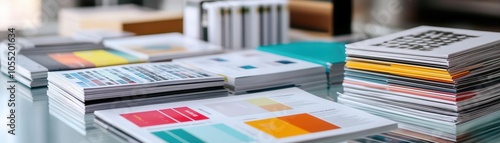 Large glass table with neatly stacked catalogs, brand concept posters, and brochures