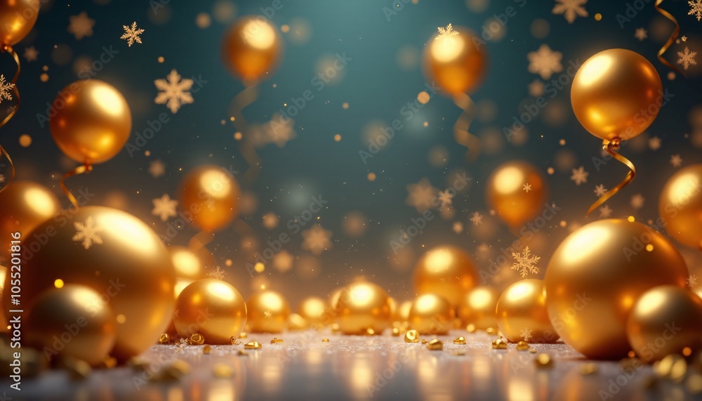 Magical New Year’s scene where golden balloons float gracefully in the air. The balloons should have a shiny and elegant appearance, reflecting festive lights Magical New Year’s scene where golden balloons float gracefully in the air. The balloons should have a shiny and elegant appearance, reflecting festive lights
