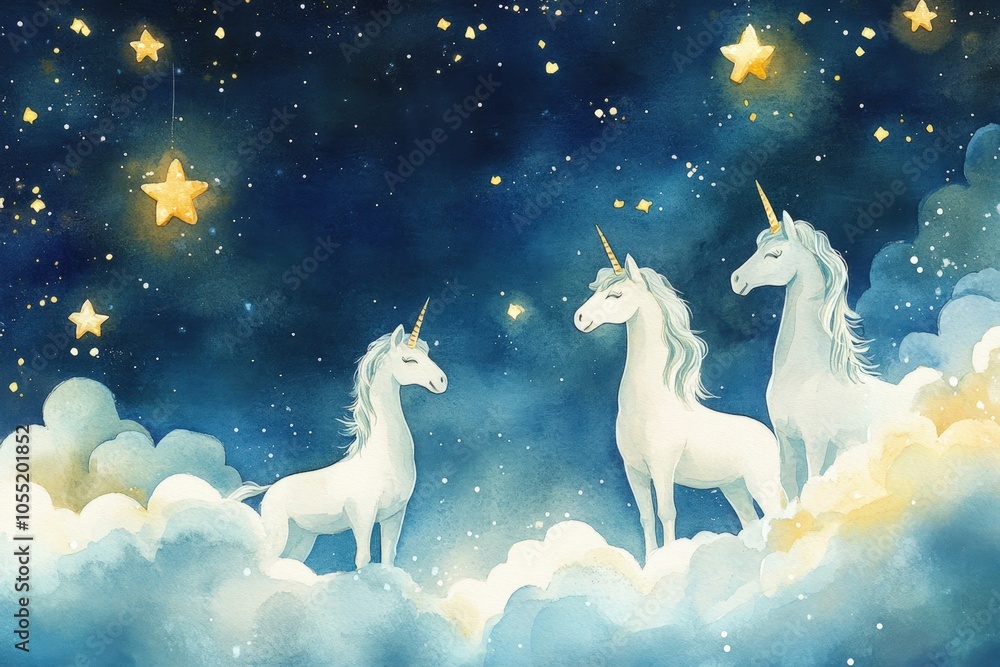 Three white unicorns standing on clouds under a starry night sky, a watercolor illustration full of magic and wonder Three white unicorns standing on clouds under a starry night sky, a watercolor illustration full of magic and wonder