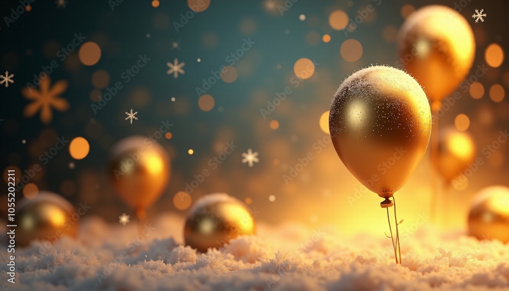 Magical New Year’s scene where golden balloons float gracefully in the air. The balloons should have a shiny and elegant appearance, reflecting festive lights Magical New Year’s scene where golden balloons float gracefully in the air. The balloons should have a shiny and elegant appearance, reflecting festive lights