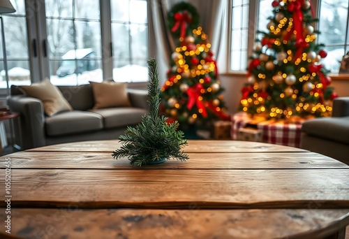 a wooden table with a christmas tree on it