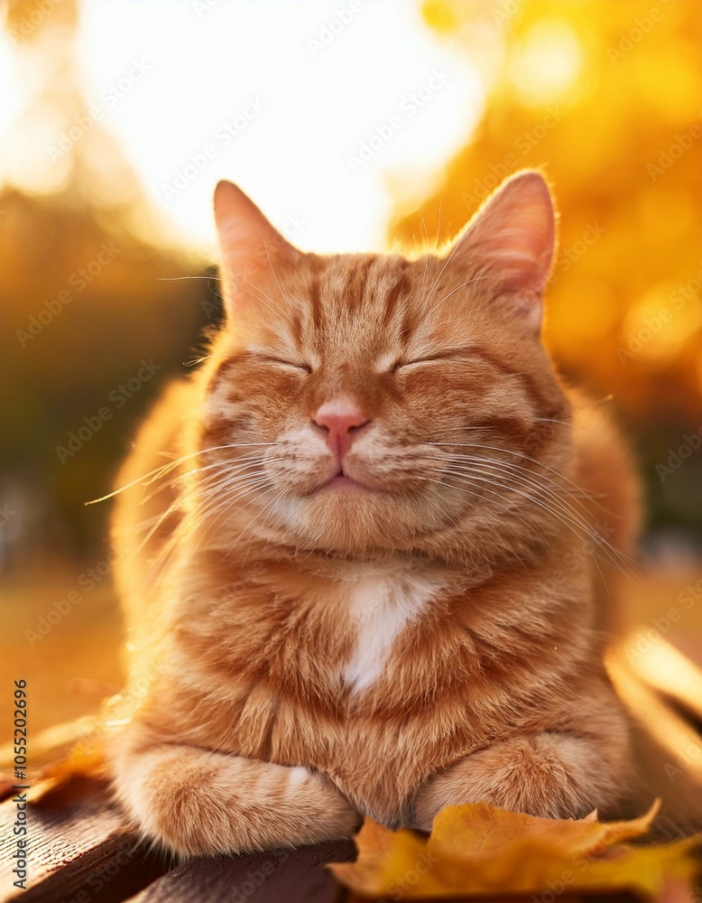 Creative concept photo of red orange cat sitting on bench in park with autumn leaves relaxing in the sun. Creative concept photo of red orange cat sitting on bench in park with autumn leaves relaxing in the sun.