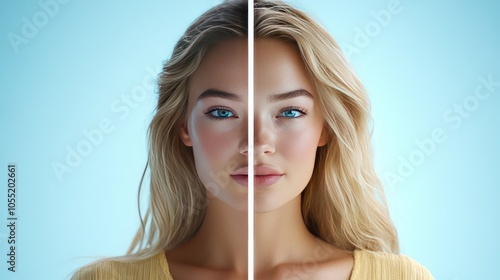 Split Portrait of Woman with Blue Eyes and Soft Features