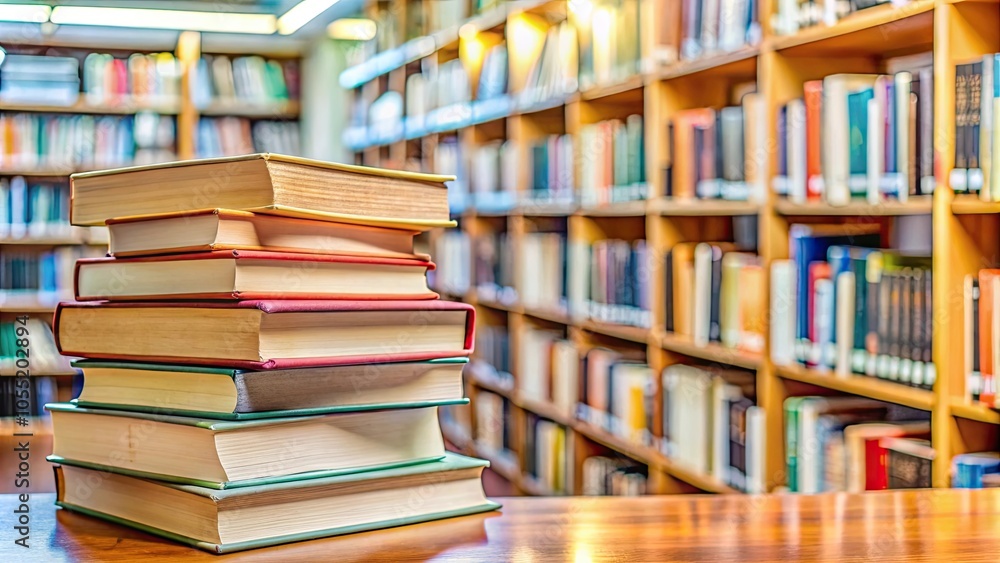Closeup of a stack of books at a local library, a resource for families to gather and learn together, education Closeup of a stack of books at a local library, a resource for families to gather and learn together, education