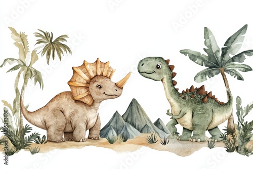 Watercolor illustration of friendly dinosaurs surrounded by tropical vegetation and mountains photo