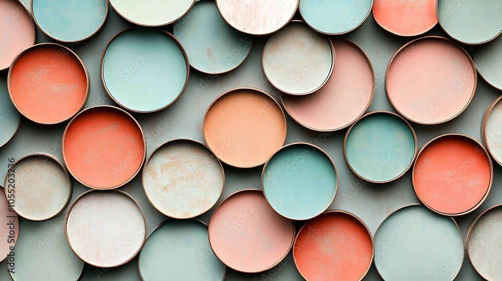 A colorful arrangement of circular plates in varying shades of teal, peach, and coral.