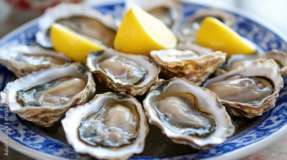 Fresh Oysters and Lemon Slices on a Blue and White Plate Fresh Oysters and Lemon Slices on a Blue and White Plate