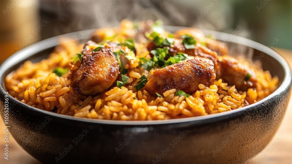 Close-up of Steaming Chicken and Rice Dish Close-up of Steaming Chicken and Rice Dish