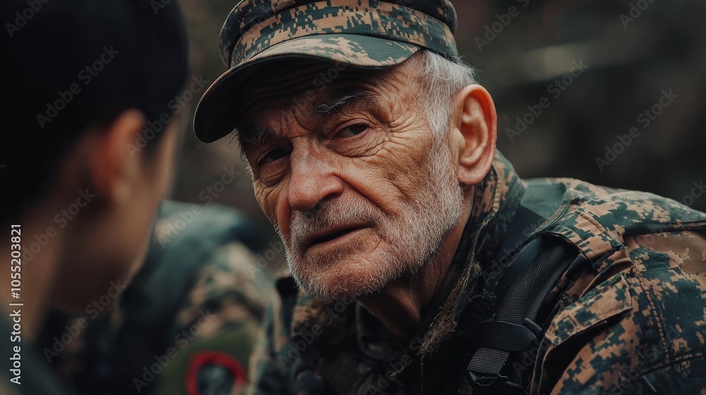 A rugged elderly soldier intently speaks with a younger companion, conveying wisdom amidst a military setting. A rugged elderly soldier intently speaks with a younger companion, conveying wisdom amidst a military setting.