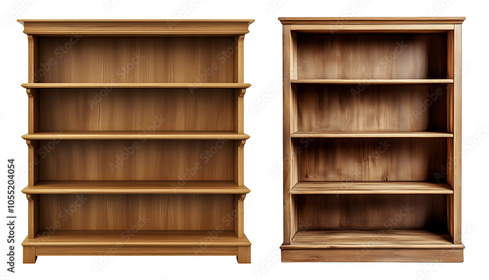 Wooden bookshelves set with four shelves isolated on transparent background, PNG Wooden bookshelves set with four shelves isolated on transparent background, PNG