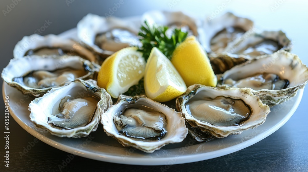 Fresh Oysters on a White Plate with Lemon Wedges Fresh Oysters on a White Plate with Lemon Wedges