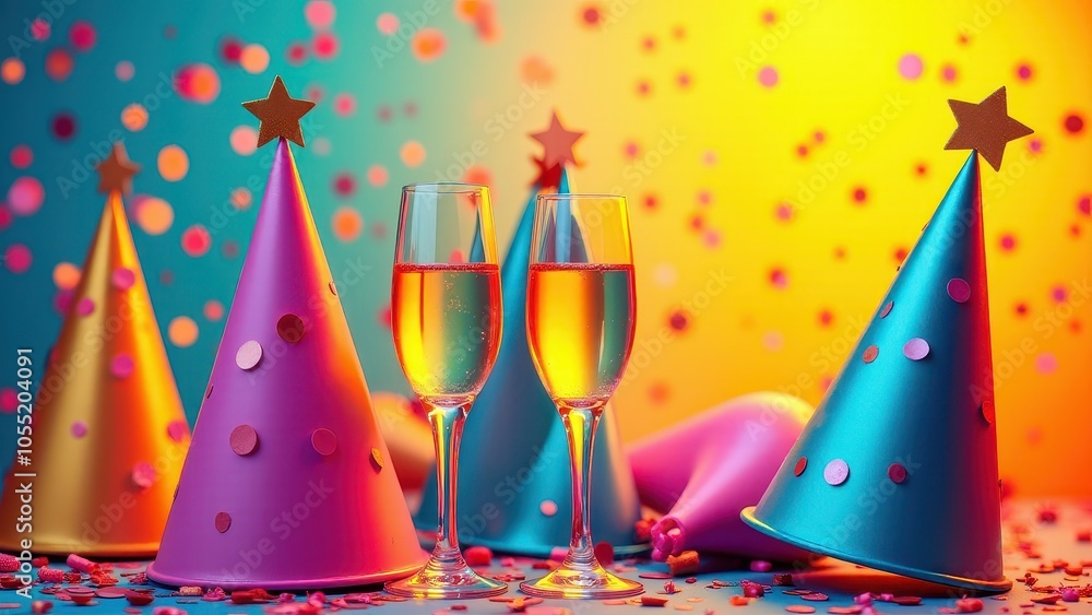 Party hats and two champagne glasses on a vibrant table, surrounded by colorful confetti, creating a festive atmosphere with bright hues. Party hats and two champagne glasses on a vibrant table, surrounded by colorful confetti, creating a festive atmosphere with bright hues.