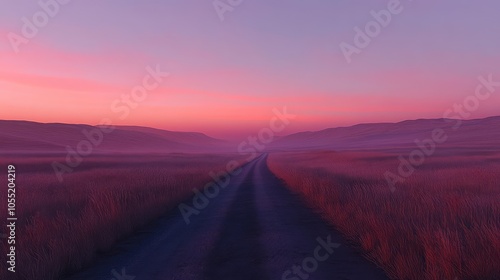 A lone road at dawn, bathed in soft pink and orange light, cutting through an endless expanse of grasslands