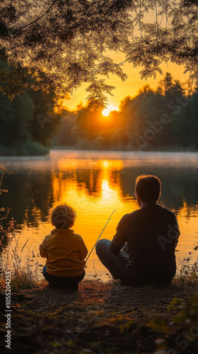 Father and Child Fishing at Sunset by Lake, Serene Moment in Nature with Trees and Reflection photo