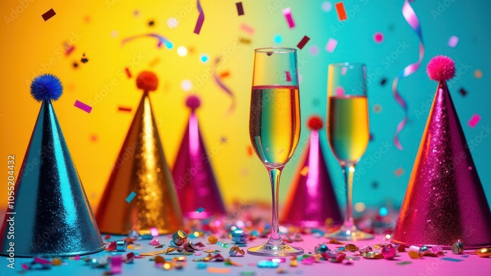 Party hats and two champagne glasses on a vibrant table, surrounded by colorful confetti, creating a festive atmosphere with bright hues. Party hats and two champagne glasses on a vibrant table, surrounded by colorful confetti, creating a festive atmosphere with bright hues.