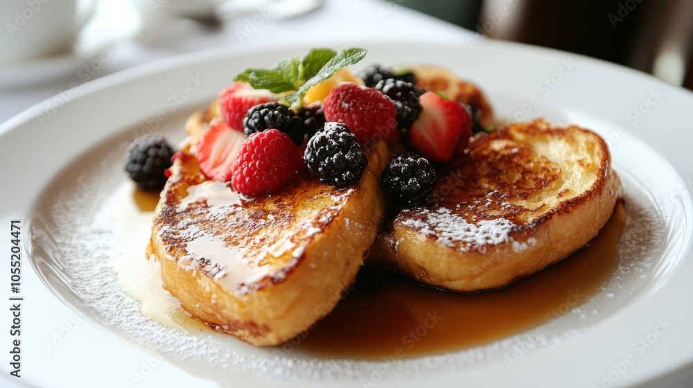 A beautifully arranged plate of French toast, topped with fresh berries A beautifully arranged plate of French toast, topped with fresh berries
