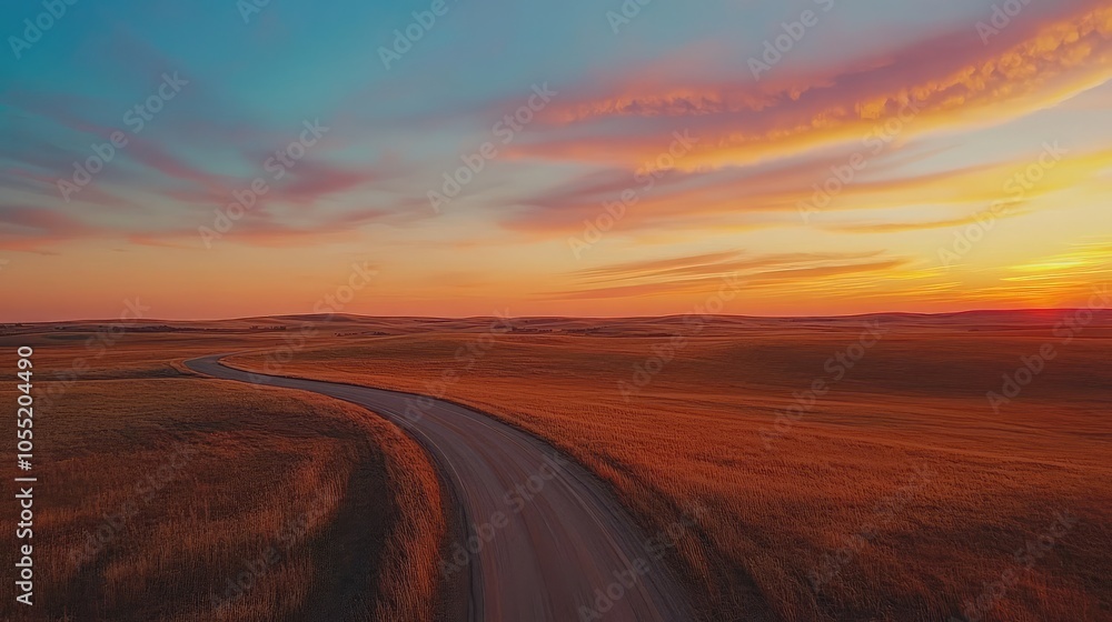 A lonely road cutting through an empty field at sunset, the vast sky glowing with warm colors above A lonely road cutting through an empty field at sunset, the vast sky glowing with warm colors above