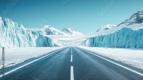 A lonely road carved through a vast ice field, with deep crevasses visible in the surrounding glacier under a clear blue sky.