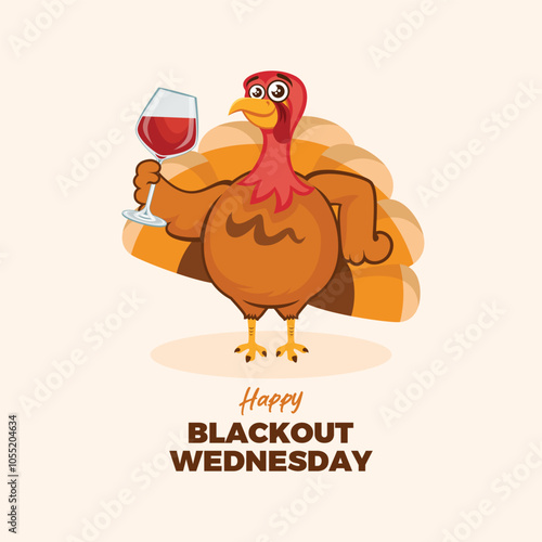 Happy Blackout Wednesday poster vector illustration. Funny turkey bird with a glass of wine icon vector. Thanksgiving turkey bird drinking wine cartoon character. Drinksgiving symbol. Important day photo