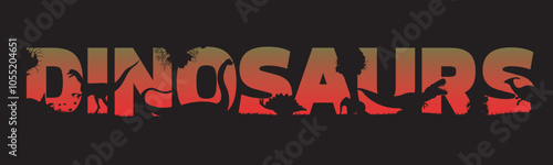 Vector typography with the word dinosaurs. Prehistoric animals. Every letter is filled with dinosaurs