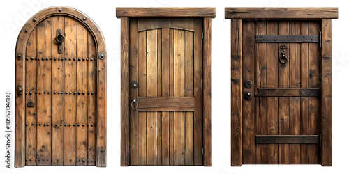 Wooden rustic doors set isolated on transparent background, PNG